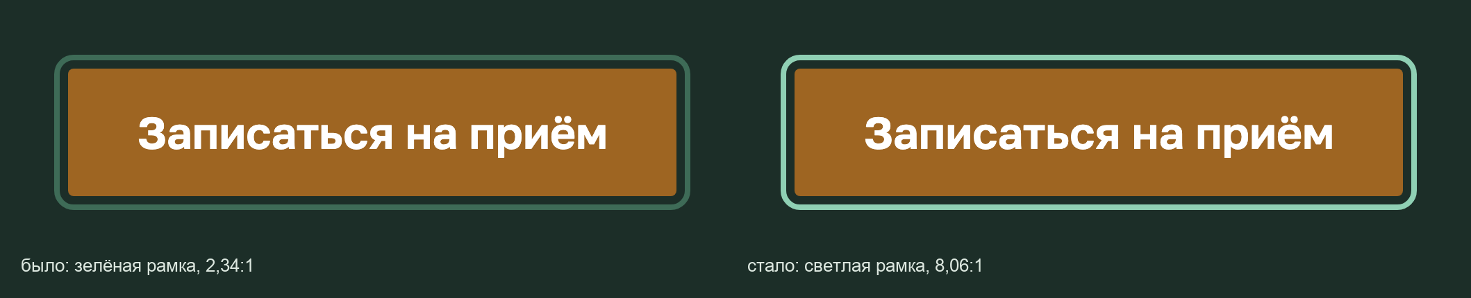 Одна и та же кнопка на тёмной полосе. Слева — брендовая зелёная рамка, справа — светлая мятная. Разница не в красоте, а в том, видно ли, где ты находишься.